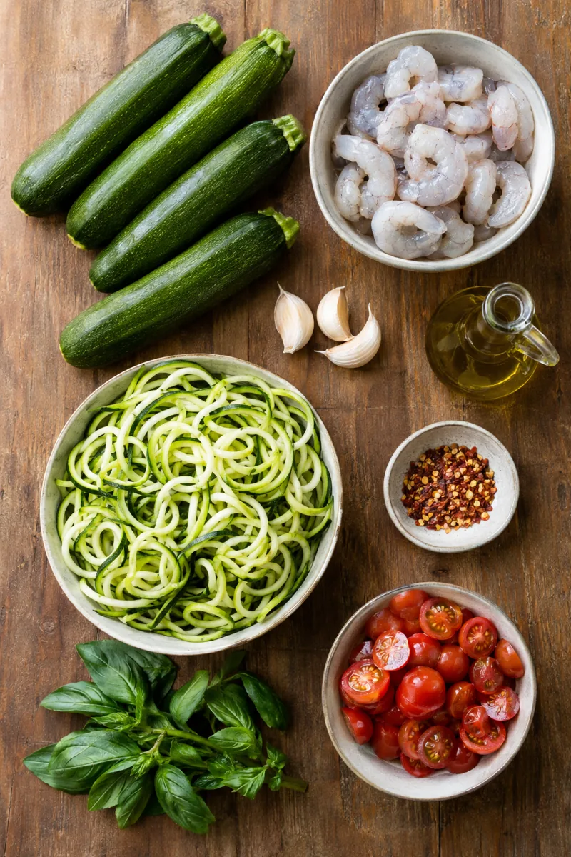 Ingredients laid out: zucchini, shrimp, garlic, cherry tomatoes, basil, olive oil and red pepper flakes