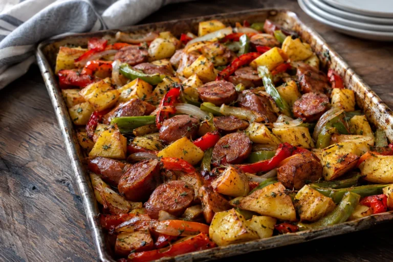 One Pan Sausage and Veggie Dinners Perfect for Families: sheet pan smoked sausage with potatoes, bell peppers and onions