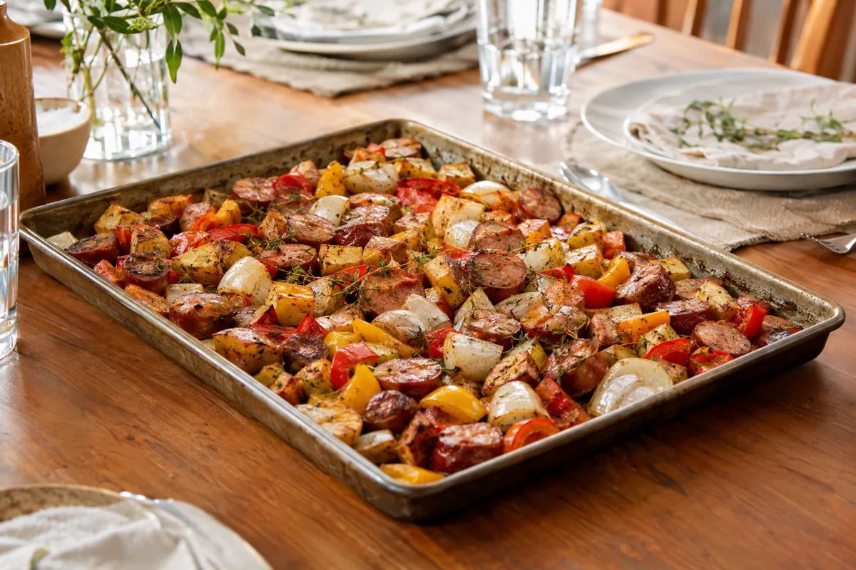 One Pan Sausage and Veggie Dinners Perfect for Families: sheet pan smoked sausage with potatoes, bell peppers and onions, served on the family dinner table