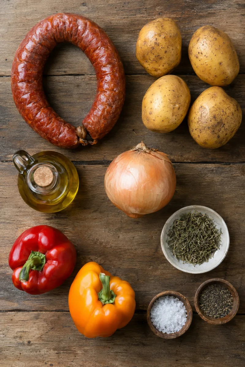 Ingredients laid out: smoked sausage, potatoes, bell peppers, onion, olive oil and thyme