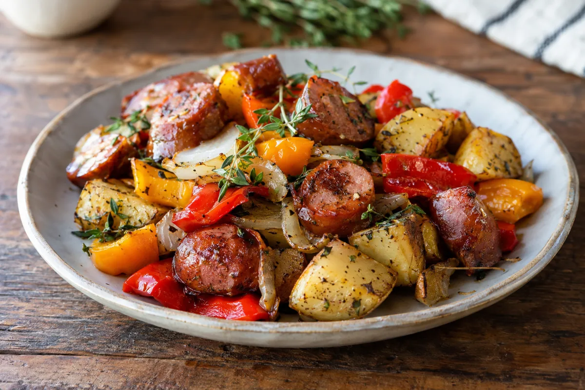 plate of roasted sausage, potatoes and peppers