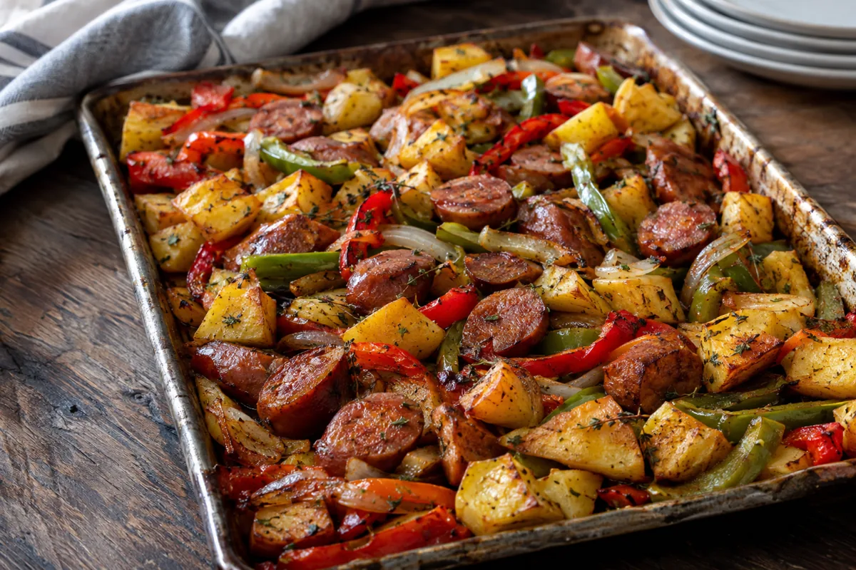One Pan Sausage and Veggie Dinners Perfect for Families: sheet pan smoked sausage with potatoes, bell peppers and onions