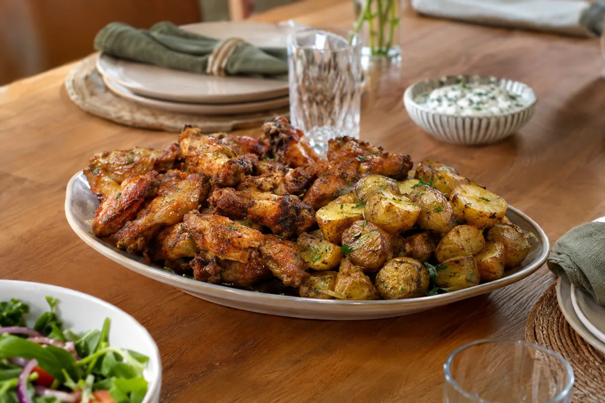 Quick Air Fryer Dinner Recipes for Hot Summer Days: crispy air fryer chicken wings with golden baby potatoes, served on the family dinner table