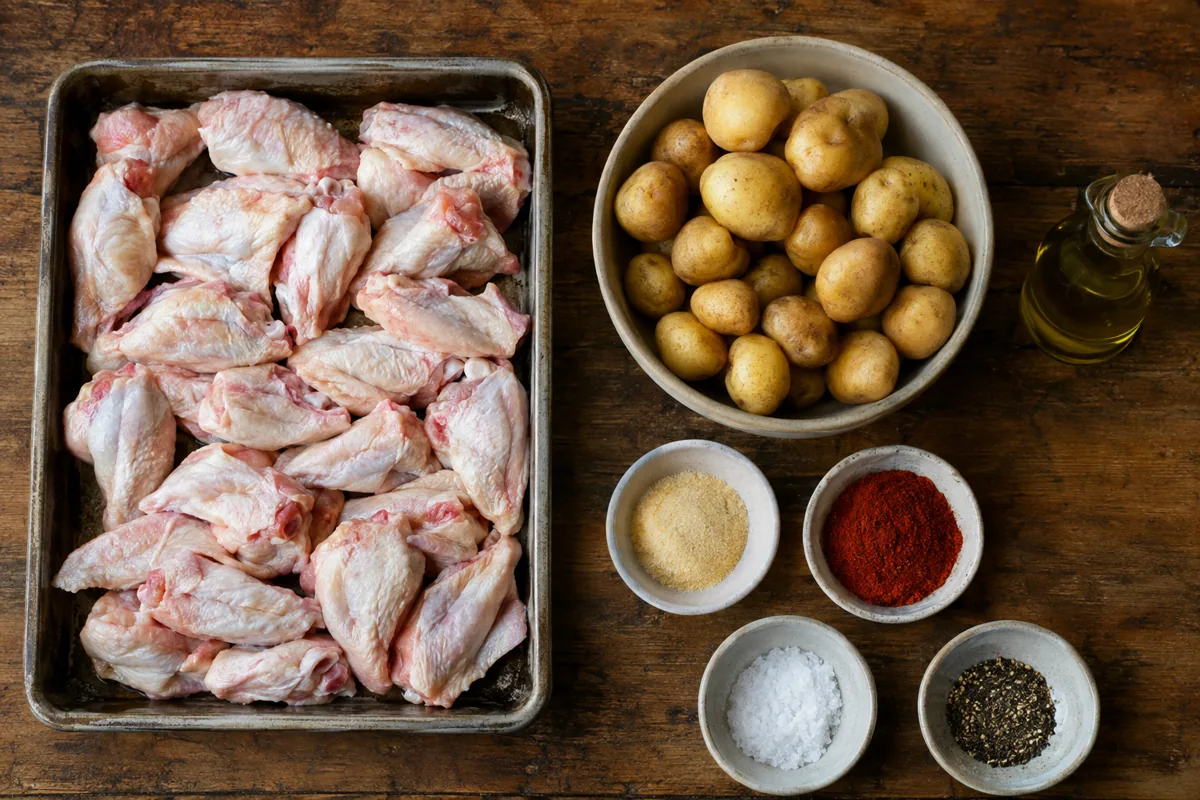 Ingredients laid out: chicken wings, baby potatoes, olive oil, garlic powder, paprika, salt and pepper