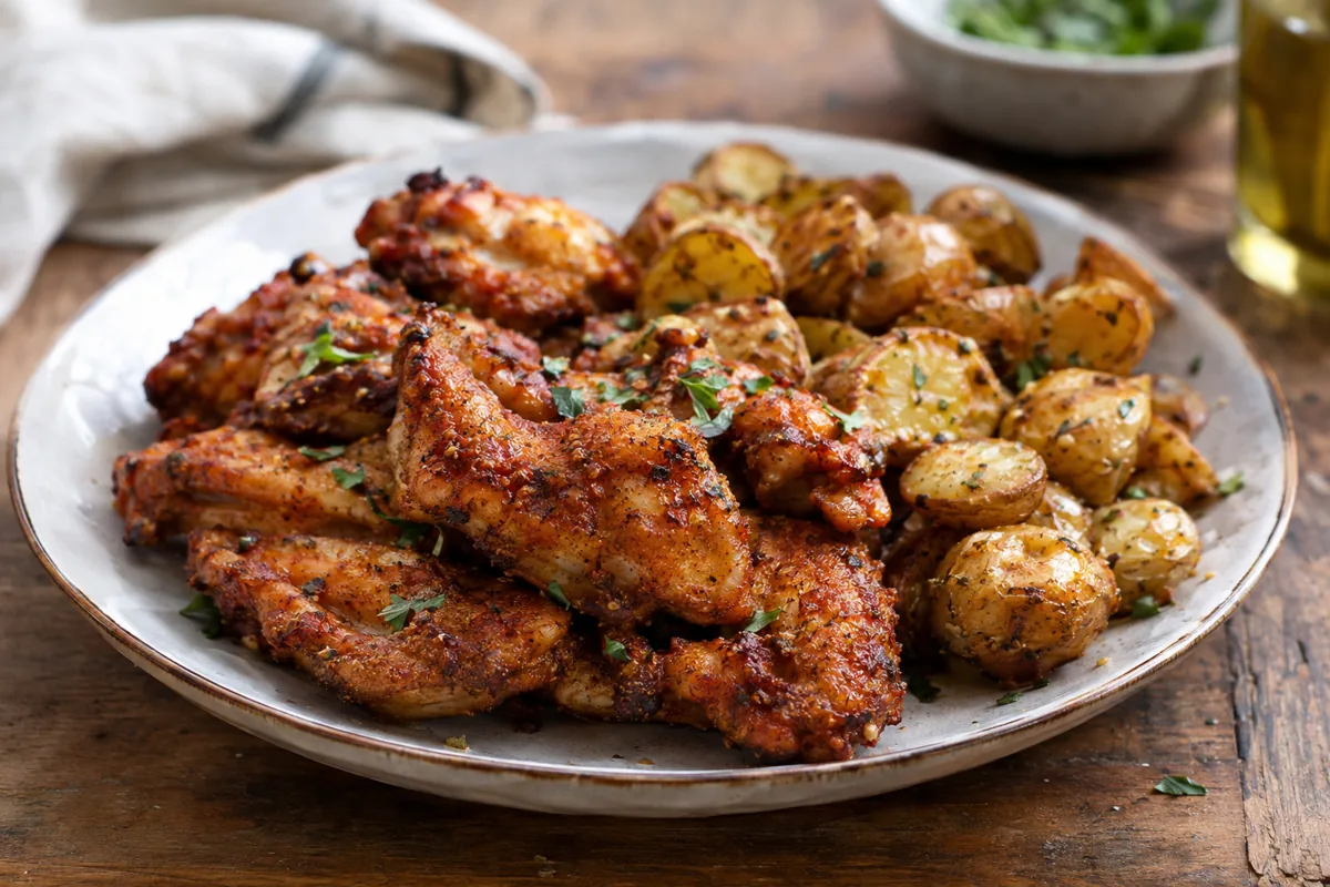 plate of crispy air fryer wings and potatoes