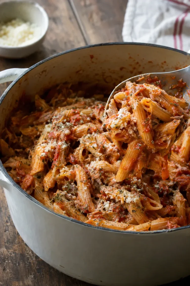 Quick Family Dinners Using Pantry Staples Only: penne in tomato sauce with tuna and melted parmesan