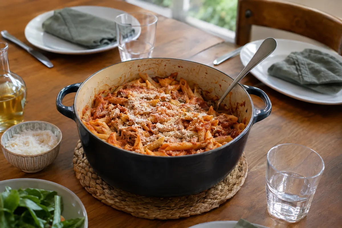 Quick Family Dinners Using Pantry Staples Only: penne in tomato sauce with tuna and melted parmesan, served on the family dinner table