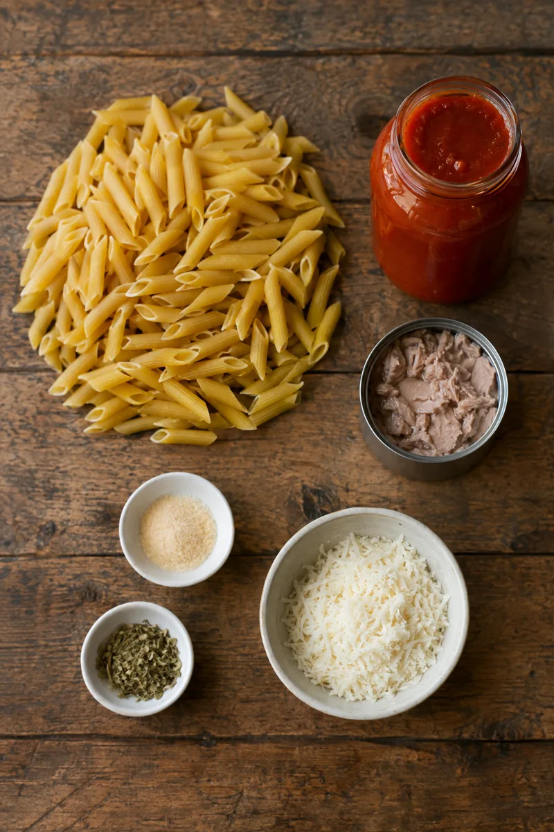 Ingredients laid out: penne pasta, pasta sauce, tuna, garlic powder, oregano and parmesan