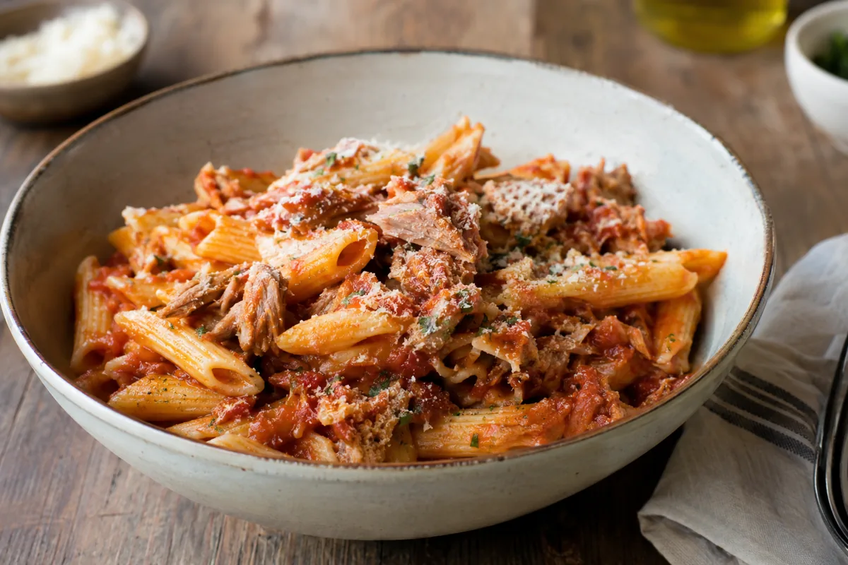 bowl of tuna penne with parmesan