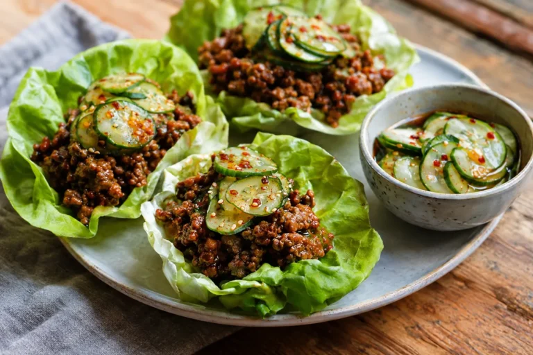 Spicy Ground Beef Lettuce Wraps with Quick Pickles: butter lettuce cups with spicy hoisin sriracha ground beef and quick pickled cucumbers