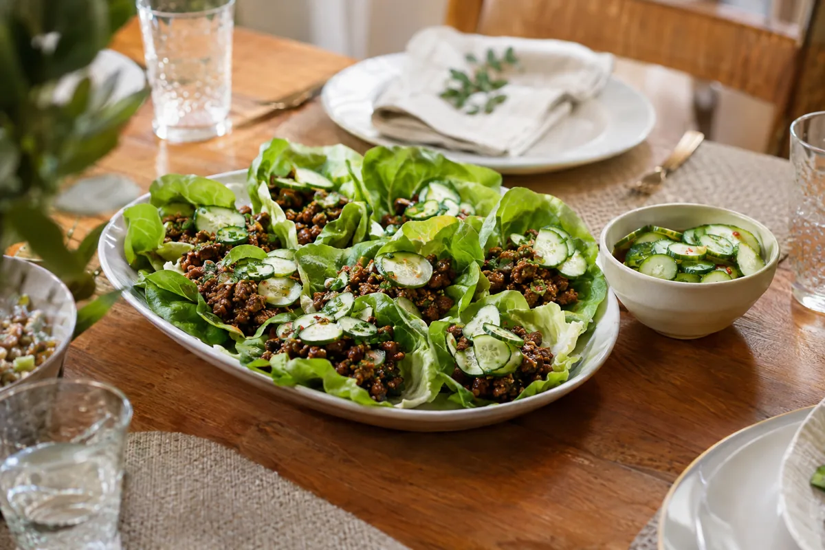 Spicy Ground Beef Lettuce Wraps with Quick Pickles: butter lettuce cups with spicy hoisin sriracha ground beef and quick pickled cucumbers, served on the family dinner table