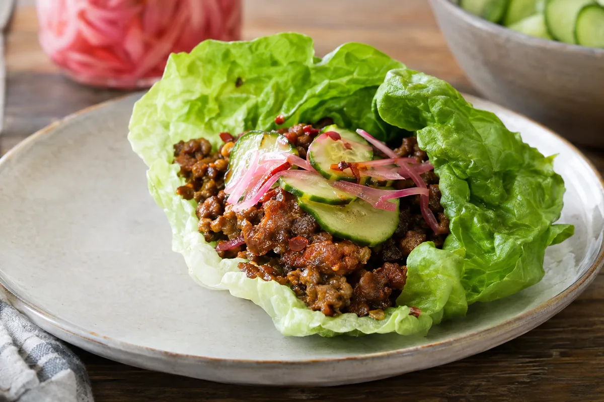 lettuce wrap with spicy beef and pickles