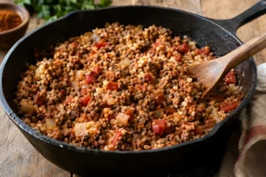 Weight Watchers Friendly Ground Beef Recipes: lean ground beef skillet with cauliflower rice, tomatoes and chili powder