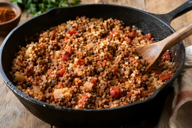 Weight Watchers Friendly Ground Beef Recipes: lean ground beef skillet with cauliflower rice, tomatoes and chili powder