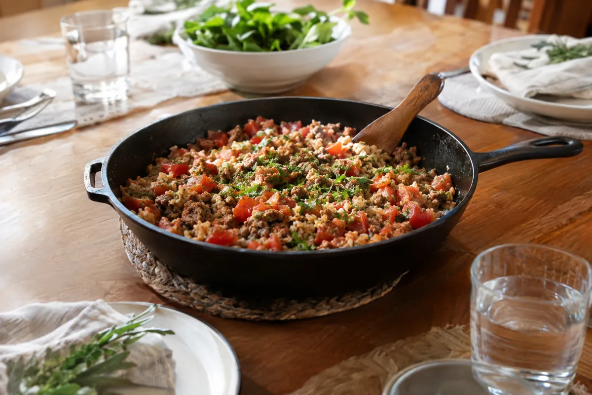 Weight Watchers Friendly Ground Beef Recipes: lean ground beef skillet with cauliflower rice, tomatoes and chili powder, served on the family dinner table
