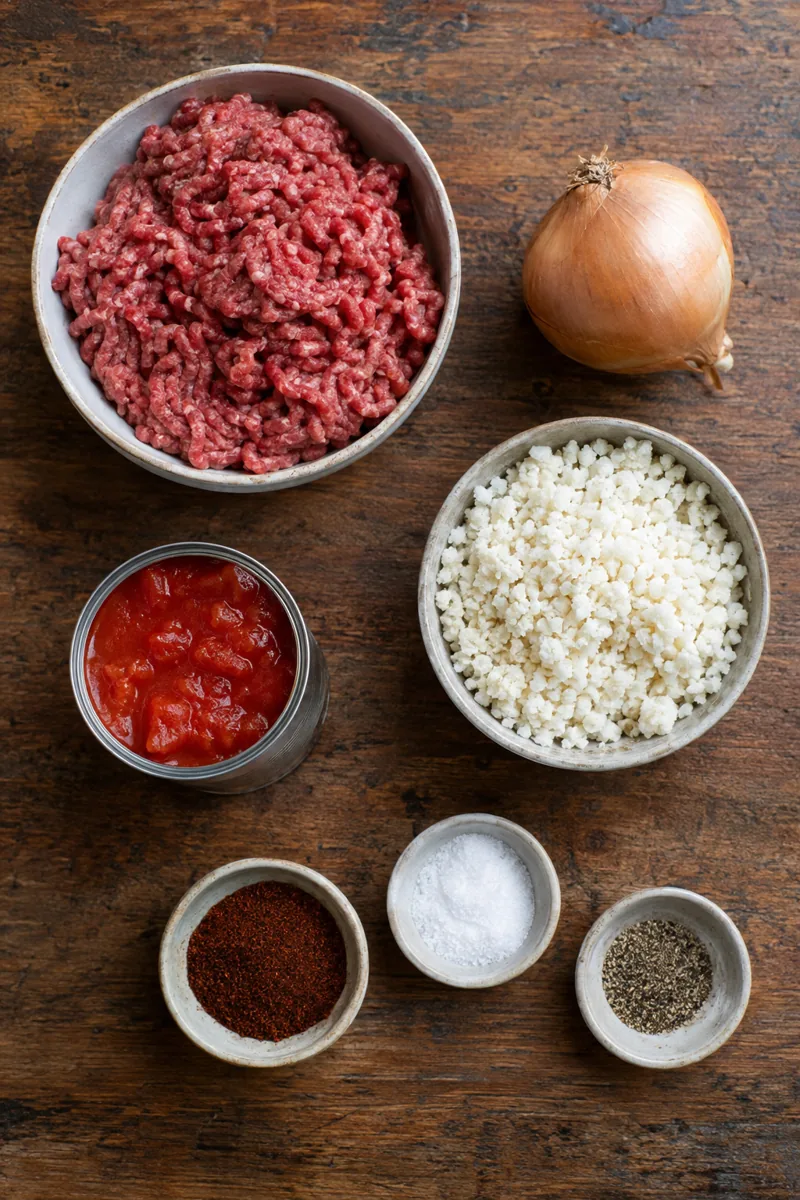 Ingredients laid out: lean ground beef, onion, cauliflower rice, diced tomatoes and chili powder