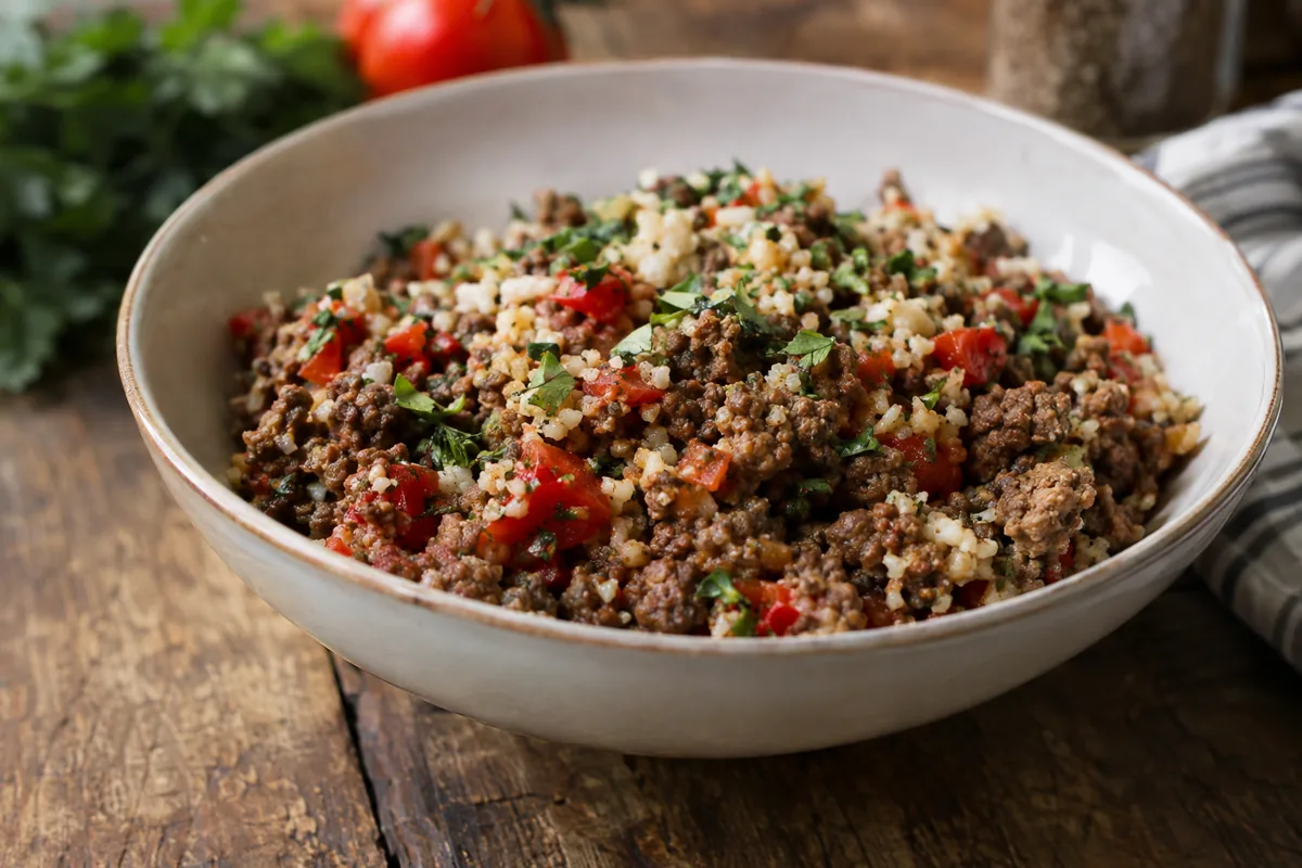 bowl of ground beef and cauliflower rice