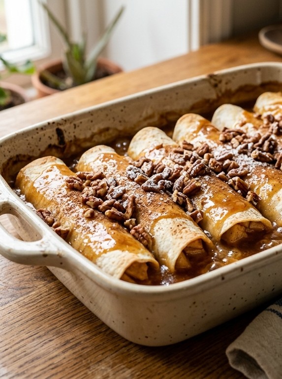 Golden-baked apple pie enchiladas in a speckled ceramic baking dish topped with buttery caramel sauce, dark chocolate shavings, and served with diced cinnamon apples on the side
