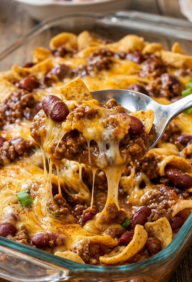 Frito chili pie bake in a glass dish topped with melted cheddar and corn chips, spoon lifting a cheesy scoop