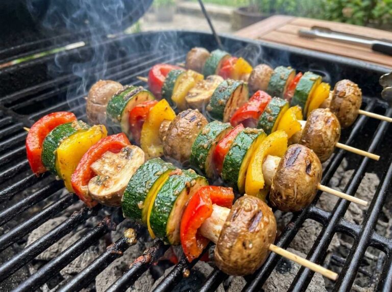 Vegetable skewers grilling