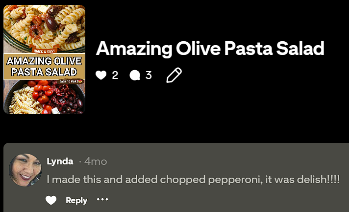 Pinterest community testimonial for Amazing Olive Pasta Salad