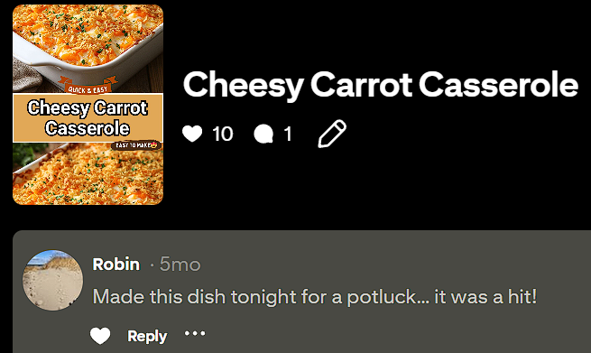 Pinterest community testimonial for Cheesy Carrot Casserole