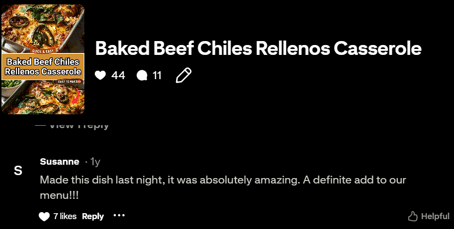 Pinterest community testimonial for Baked Beef Chiles Rellenos Casserole