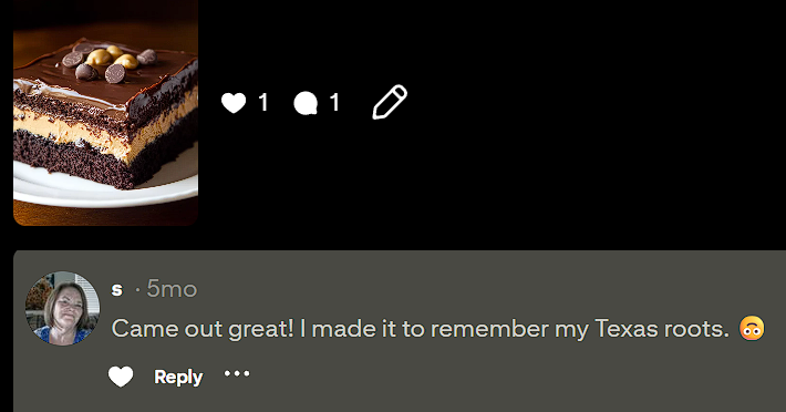 Pinterest community testimonial for Chocolate Peanut Butter Texas Sheet Cake