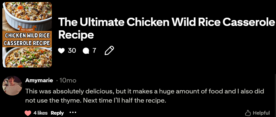 Pinterest community testimonial for The Ultimate Chicken Wild Rice Casserole Recipe