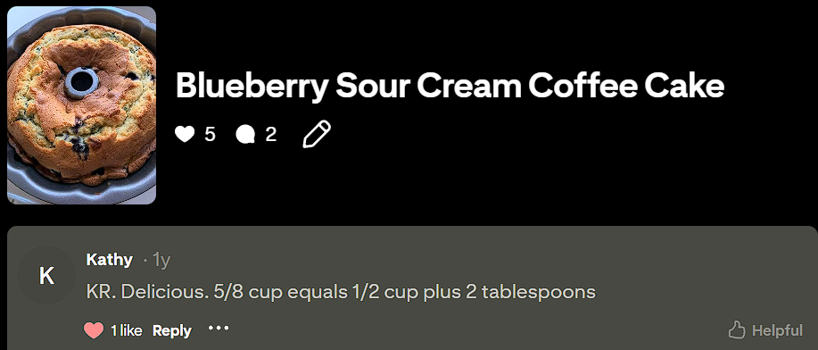 Pinterest community testimonial for Blueberry Sour Cream Coffee Cake