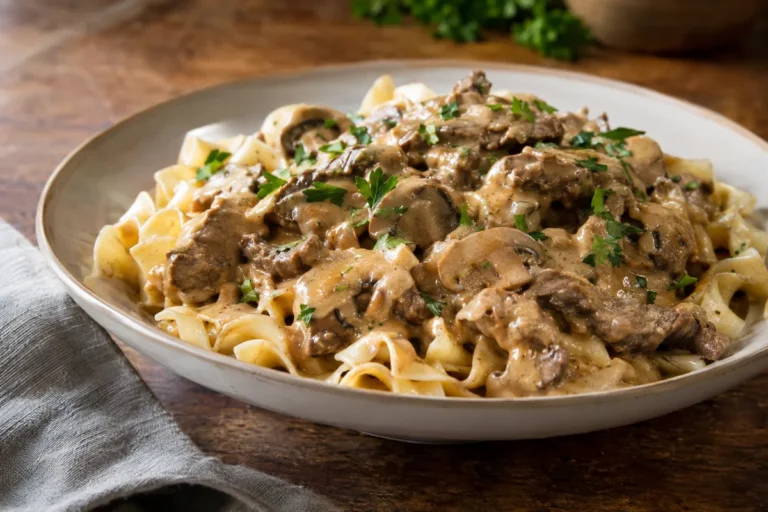 Beef stroganoff with mushrooms and sour cream sauce over egg noodles