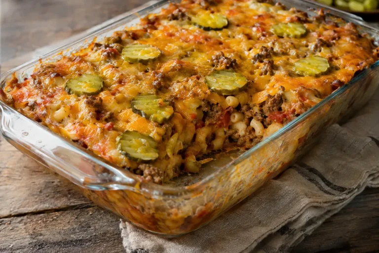 Cheeseburger casserole with ground beef, macaroni, cheddar and pickles