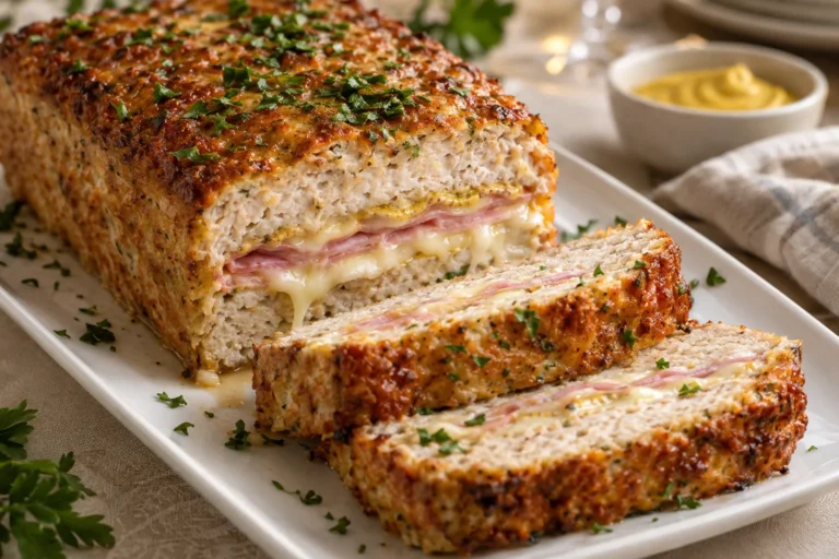 Chicken cordon bleu meatloaf sliced to show a melted ham, Swiss cheese and Dijon layer, garnished with parsley