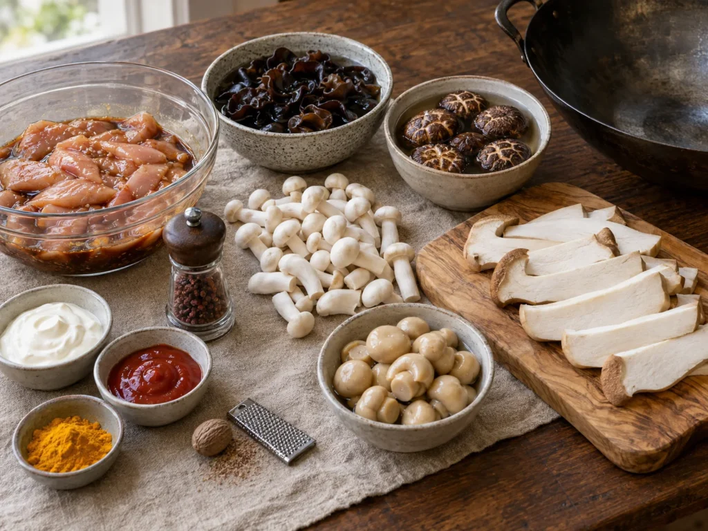 Sliced chicken breast marinating beside soaked wood ear and shiitake mushrooms, white beech, king oyster and button mushrooms, sour cream, ketchup, turmeric and Sichuan pepper