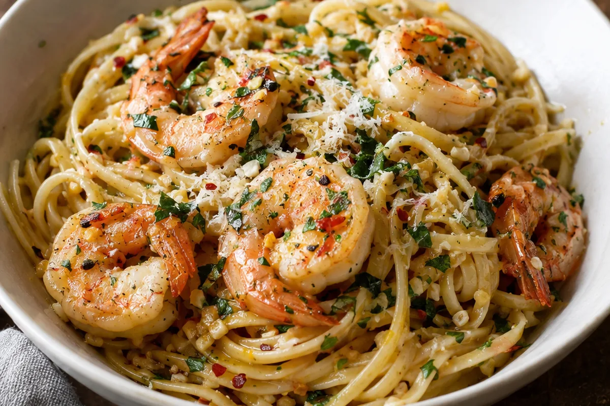 Garlic butter shrimp pasta with linguine, parsley and parmesan