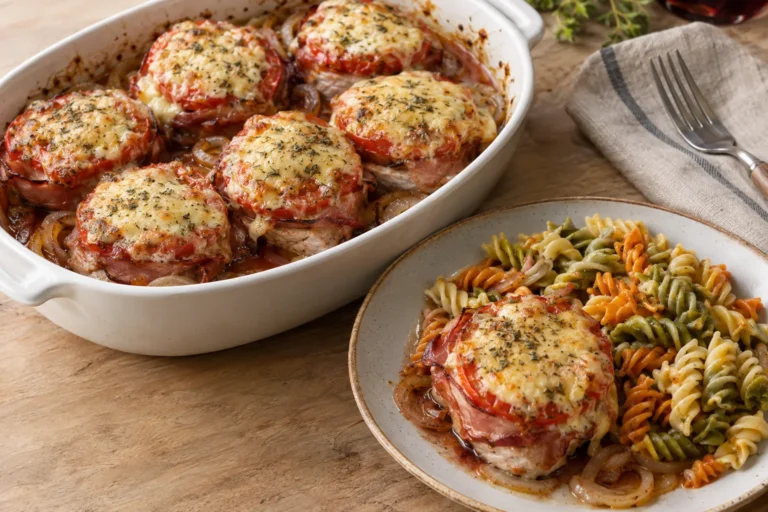 Ham wrapped turkey medallions baked with tomato slices and melted raclette cheese, served with tricolore pasta