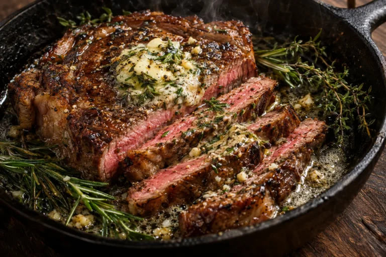 Juicy ribeye steak sliced in a cast-iron skillet with melting garlic herb butter, rosemary and thyme