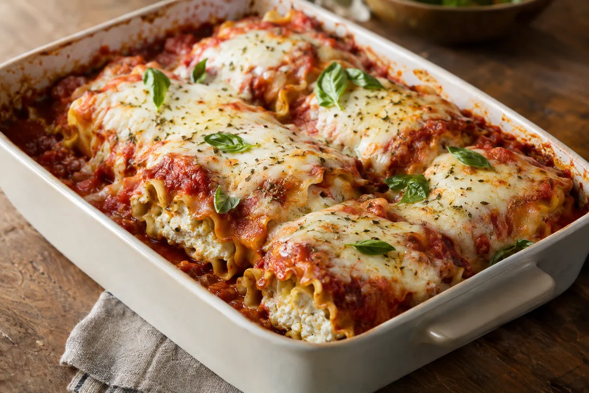 Lasagna roll-ups with ricotta filling, marinara and melted mozzarella