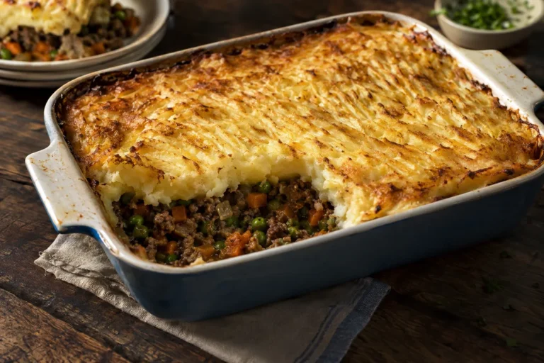 Shepherd’s pie with ground lamb, peas, carrots and mashed potato topping