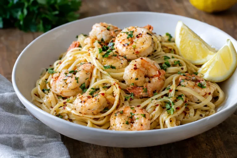 Shrimp scampi pasta with linguine, garlic butter, lemon and parsley
