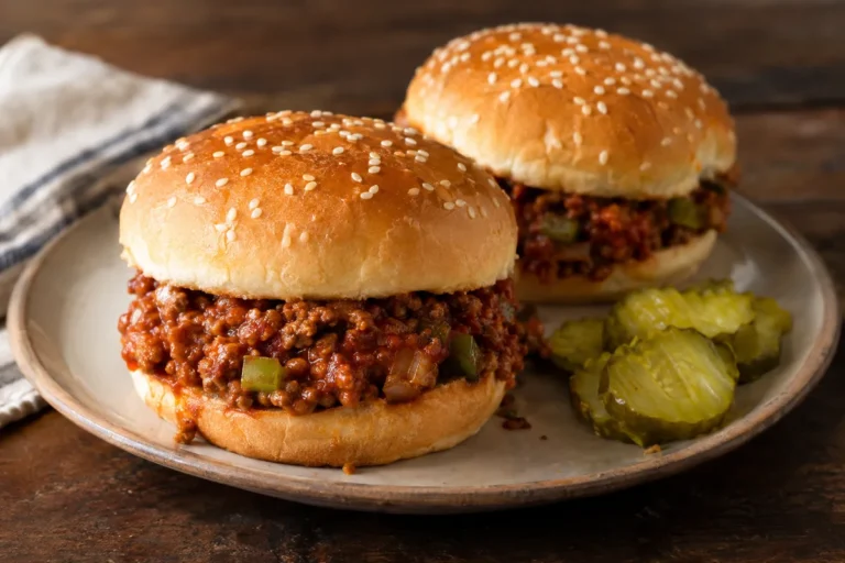 Sloppy joes on toasted buns with pickles