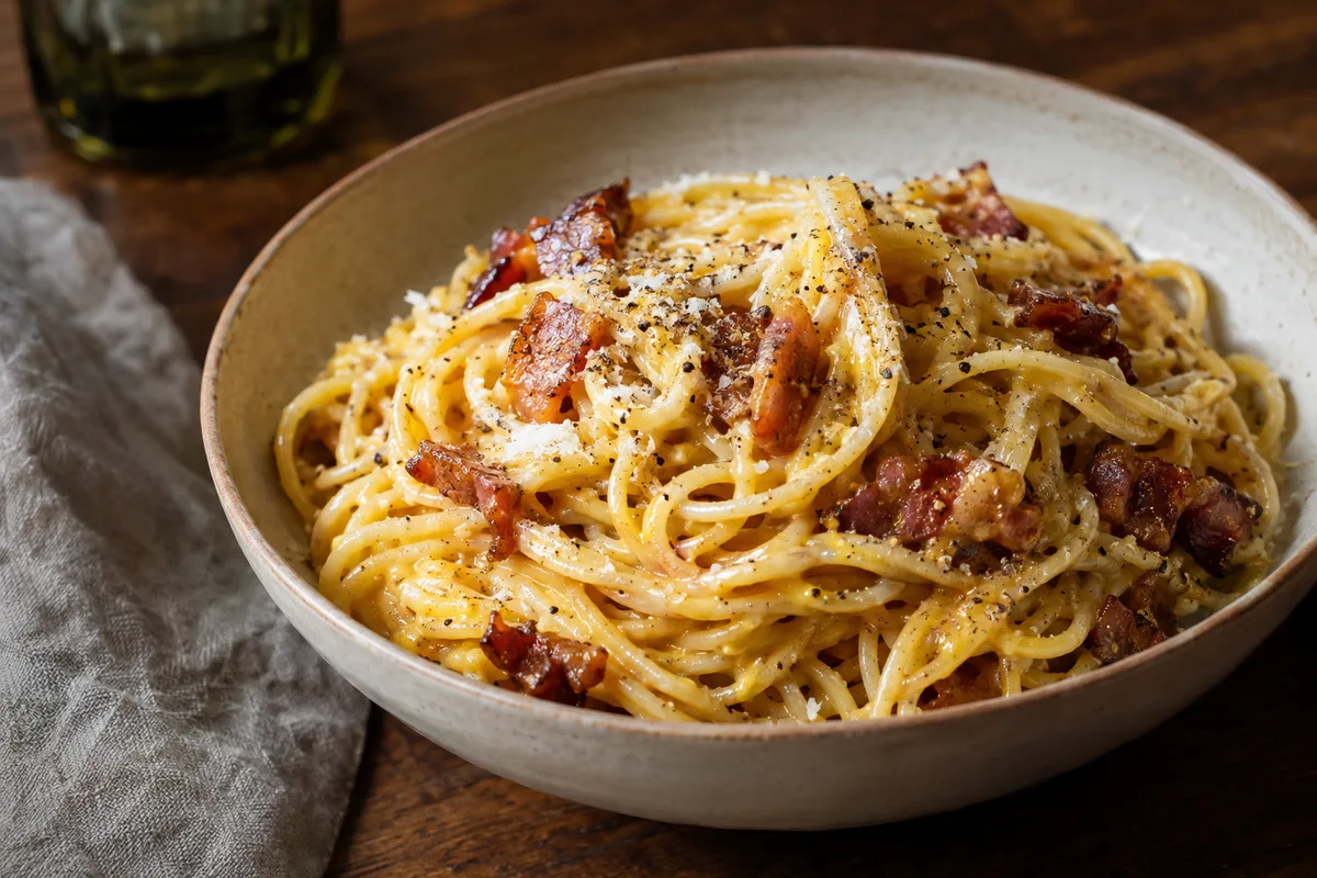 Spaghetti carbonara with pancetta, pecorino and black pepper