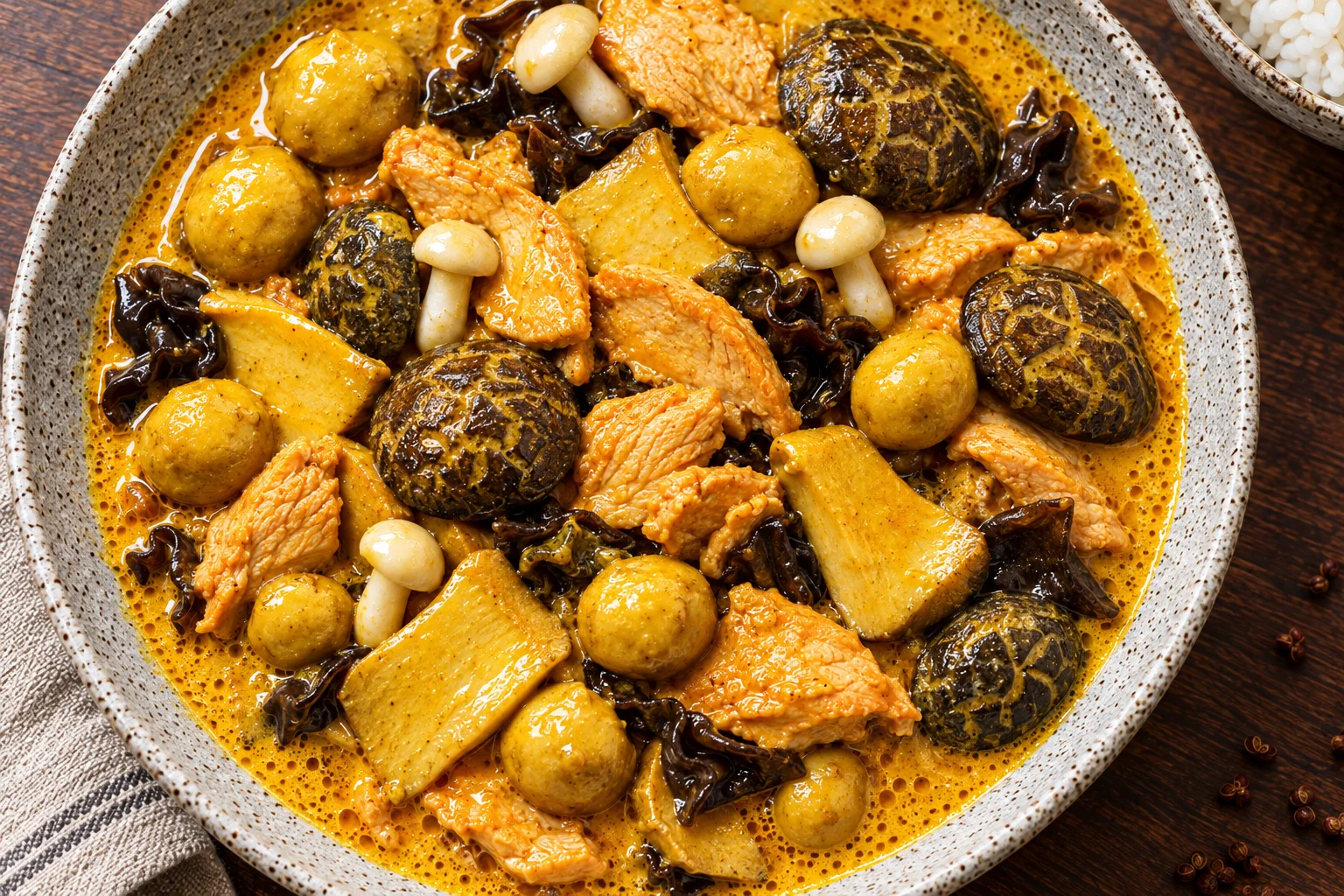 Spiced chicken with mushroom ragout in a golden turmeric cream sauce with button, shiitake, king oyster and wood ear mushrooms in a stone bowl