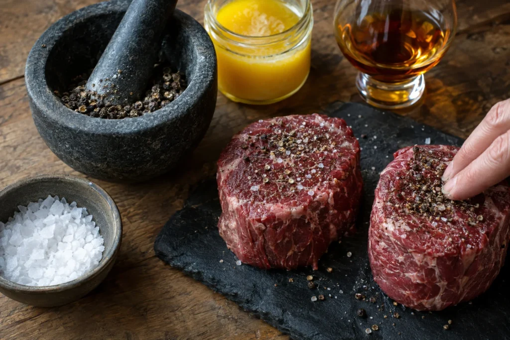 Raw fillet steaks being pressed with crushed black peppercorns, with mortar, salt, clarified butter and cognac