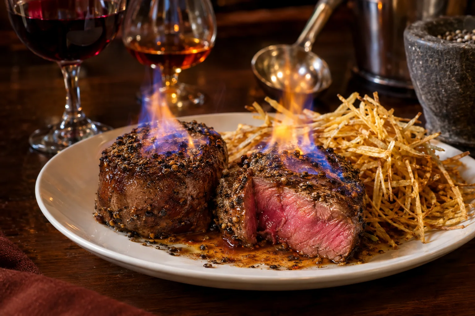Steak au poivre fillets with a crushed black pepper crust being flambéed with cognac, served with straw potatoes