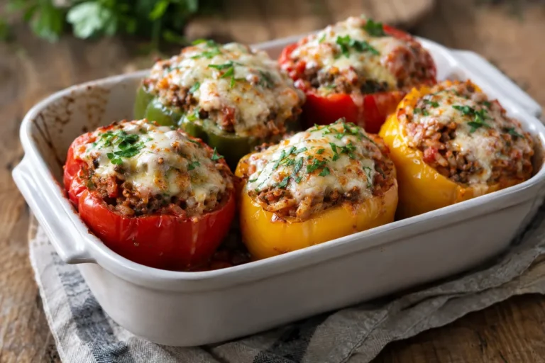 Stuffed bell peppers with ground beef, rice and melted cheese