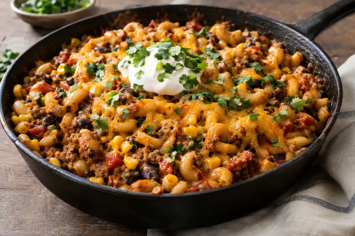 Taco pasta with ground beef, black beans, corn, cheddar and sour cream